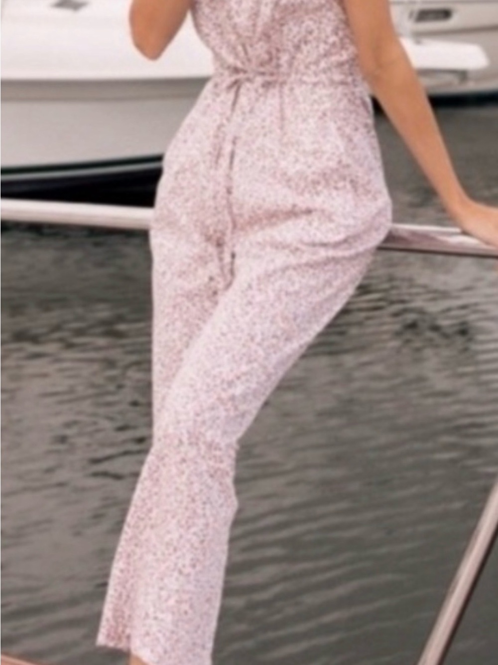 Women's Cream Floral Jumpsuit with Ruffle Neck - Picture 2 of 6